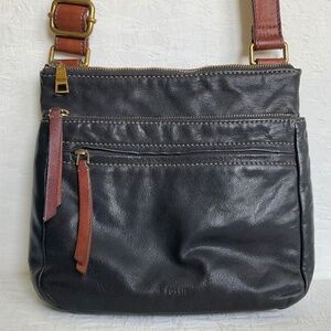 Fossil Corey Leather Dual Compartment Crossbody Shoulder Bag Black/Cognac